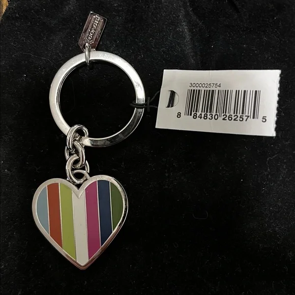 Coach Multi Legacy Stripe Heart Keychain Key Ring Fob MINT NWT and Pouch - Picture 1 of 5